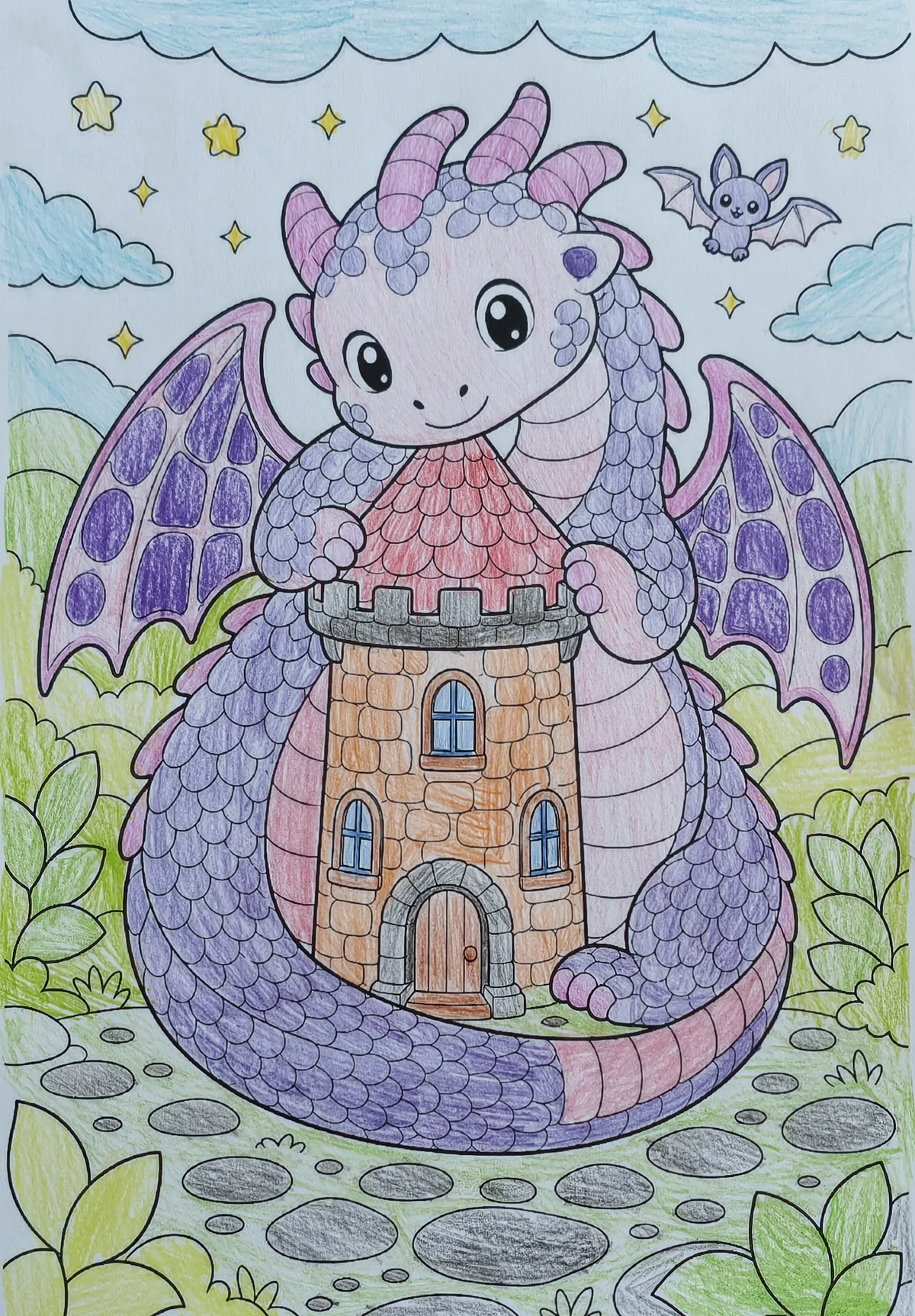 Hand-colored friendly dragon and castle coloring page