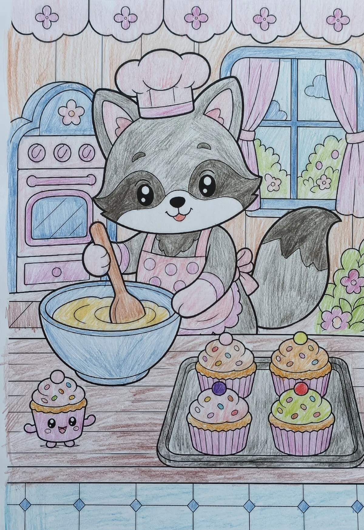 Hand-colored raccoon baking cupcakes coloring page