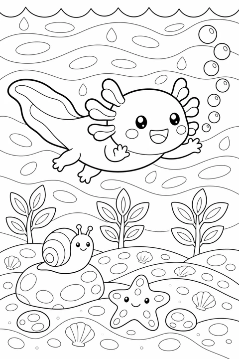 A smiling axolotl swims among bubbles, water plants and rounded pebbles.