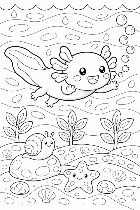 A smiling axolotl swims among bubbles, water plants and rounded pebbles.
