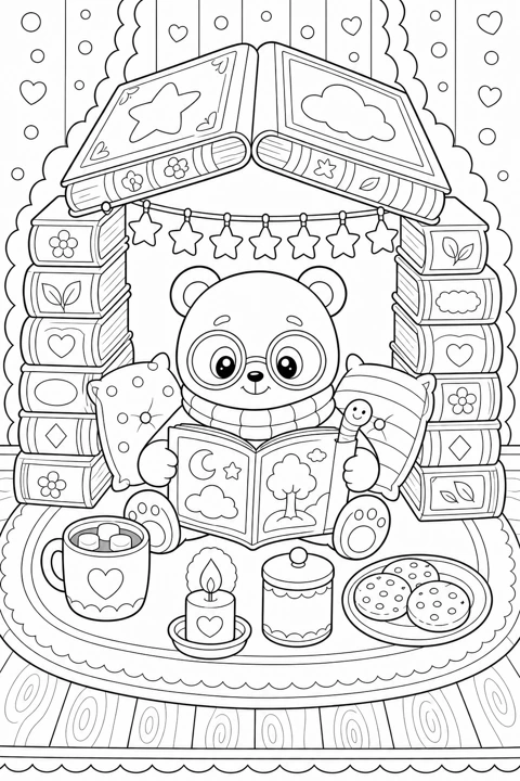 A small bear reads beneath an arch of books, with a mug, candles and treats nearby.