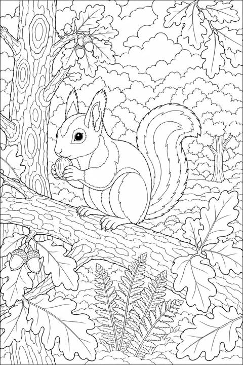 A Eurasian red squirrel sits among oak branches, textured bark, leaves and woodland plants.