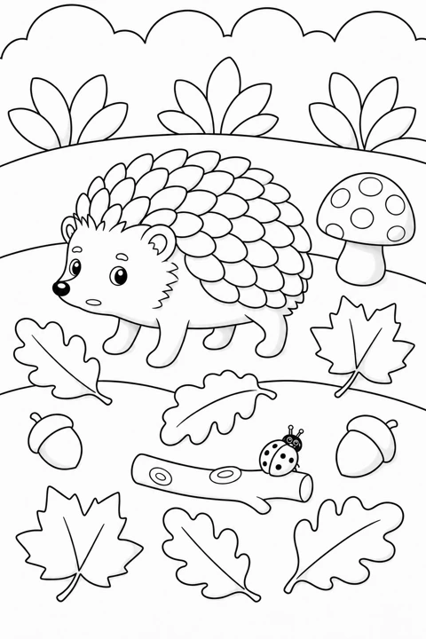 A hedgehog walks among fallen oak leaves, acorns and a woodland mushroom.