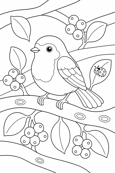A European robin perches on a branch among broad leaves, berries and a ladybird.