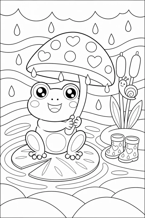 A frog shelters beneath a mushroom umbrella on a lily pad, with raindrops and a snail nearby.