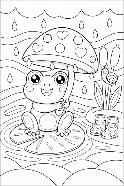 A frog shelters beneath a mushroom umbrella on a lily pad, with raindrops and a snail nearby.