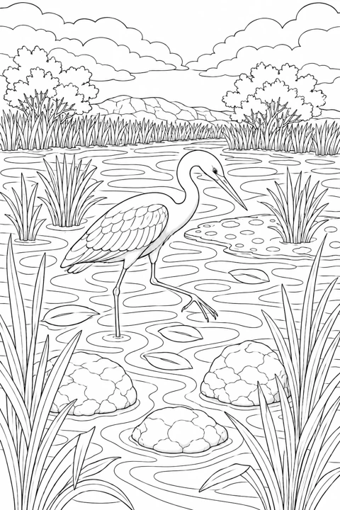 A grey heron stands in a coastal salt marsh with reeds, water channels and distant hills.