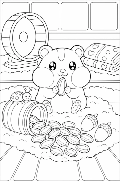 A hamster enjoys sunflower seeds in a cozy room with its wheel, bedding and snack bowl.