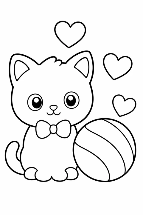 A kitten sits beside a large ball of yarn tied with a bow, with three hearts around it.