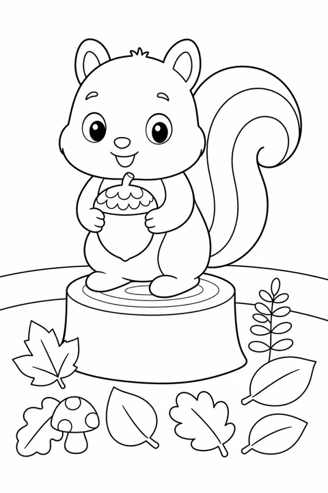 A squirrel holds an acorn on a tree stump, surrounded by leaves, mushrooms and a fern.