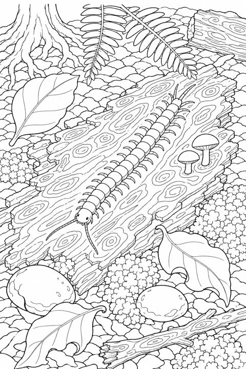 A centipede crosses a textured log among ferns, fallen leaves, stones and mushrooms.
