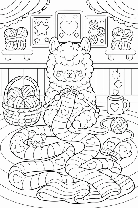 A llama knits in a craft room with baskets of yarn, a cozy armchair and a sleeping cat.