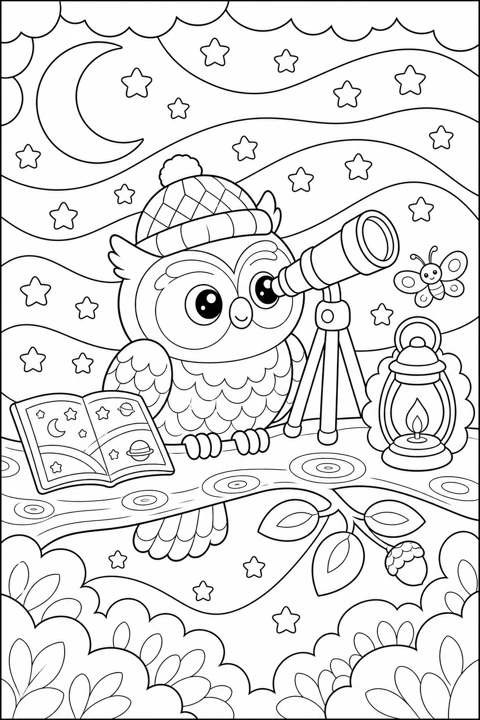 A bundled-up owl looks through a telescope under a starry sky, with a lantern nearby.