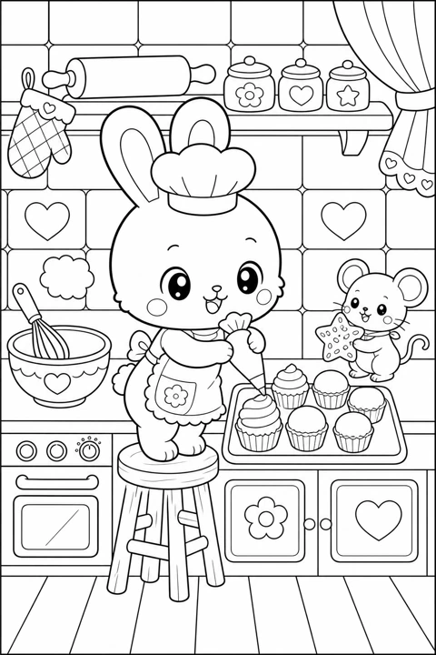 A rabbit baker decorates cupcakes in a kitchen filled with baking tools and patterned cupboards.