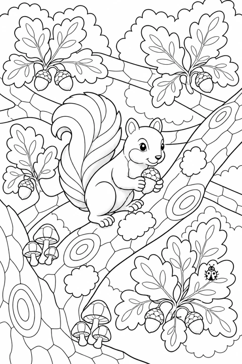 A red squirrel holds an acorn on an oak branch amid broad leaves and small acorn clusters.