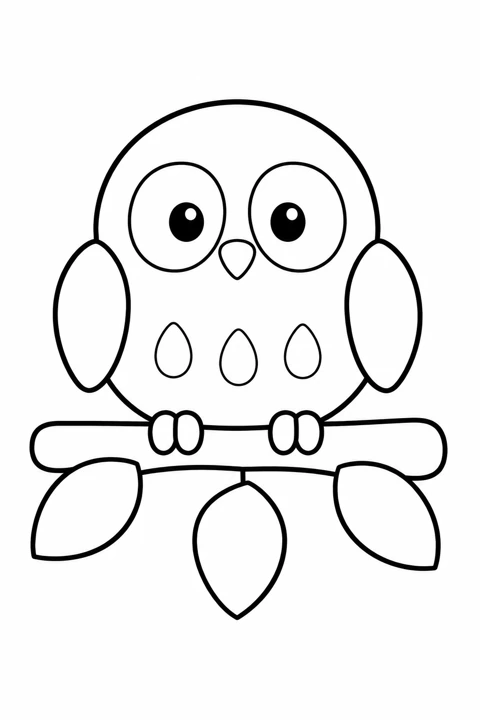 A round owl sits on a branch with three large leaves, surrounded by open white space.