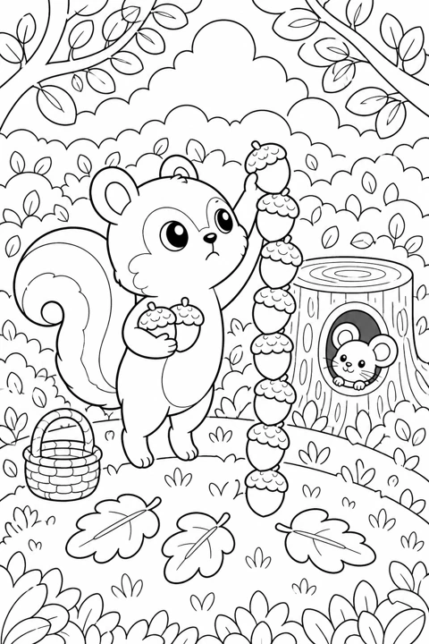 A squirrel builds a tall stack of acorns beside a hollow tree stump and a basket.